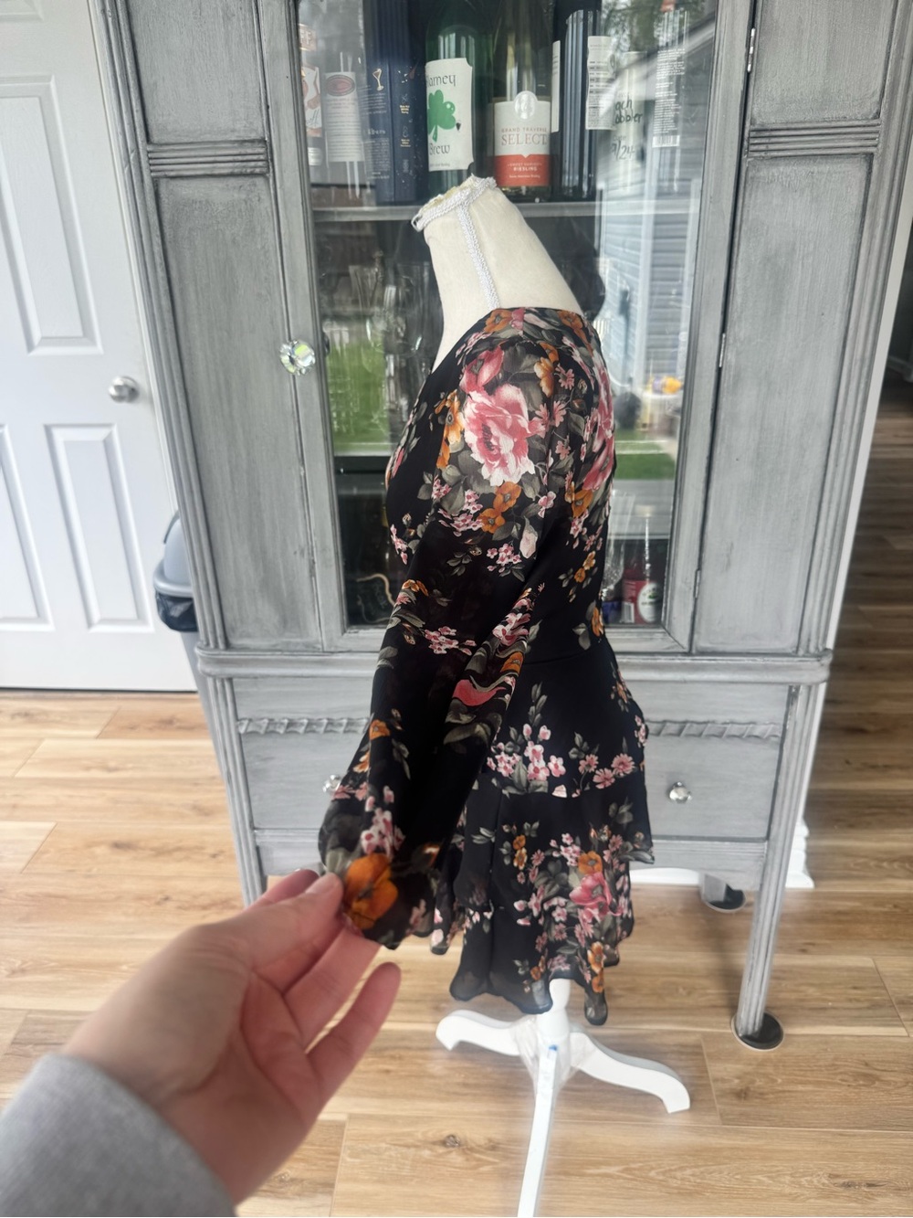 Trixxi Black Floral Long-Sleeve Fit & Flare Dress with Pink and Orange Blooms - Picture 2 of 4